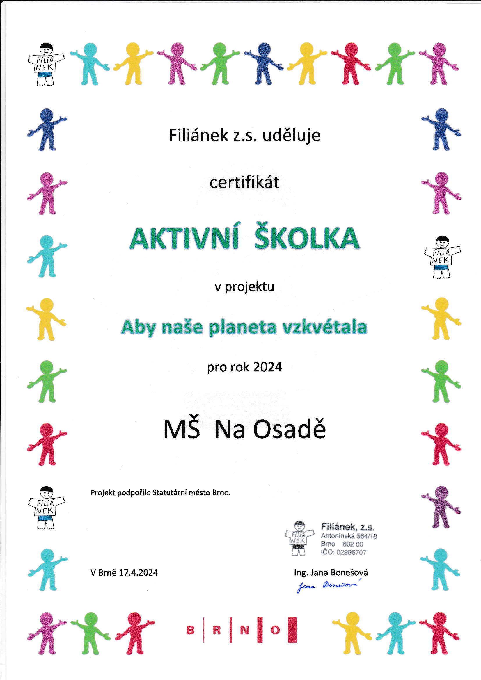 Certifikát AKTIVNÍ ŠKOLKA